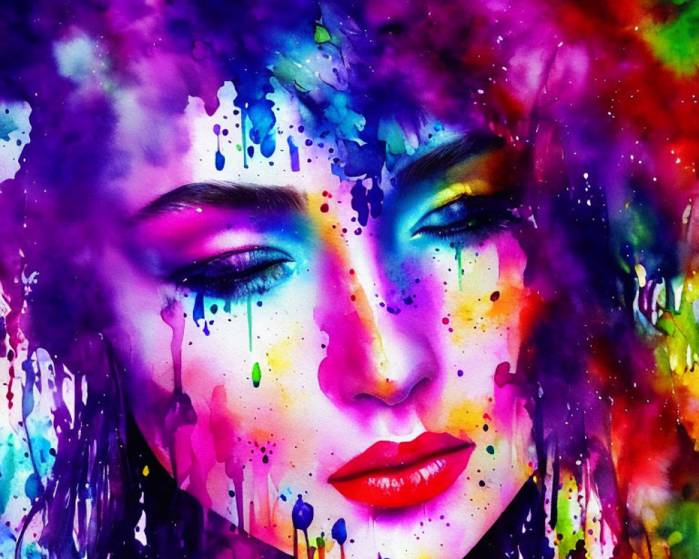 Colorful Watercolor Painting of Woman's Face with Abstract Dripping Effect