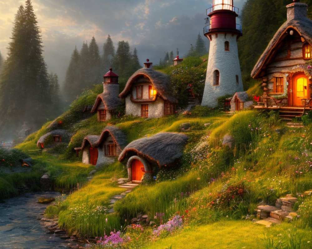 Thatched cottages and lighthouse in fairy-tale village at sunset