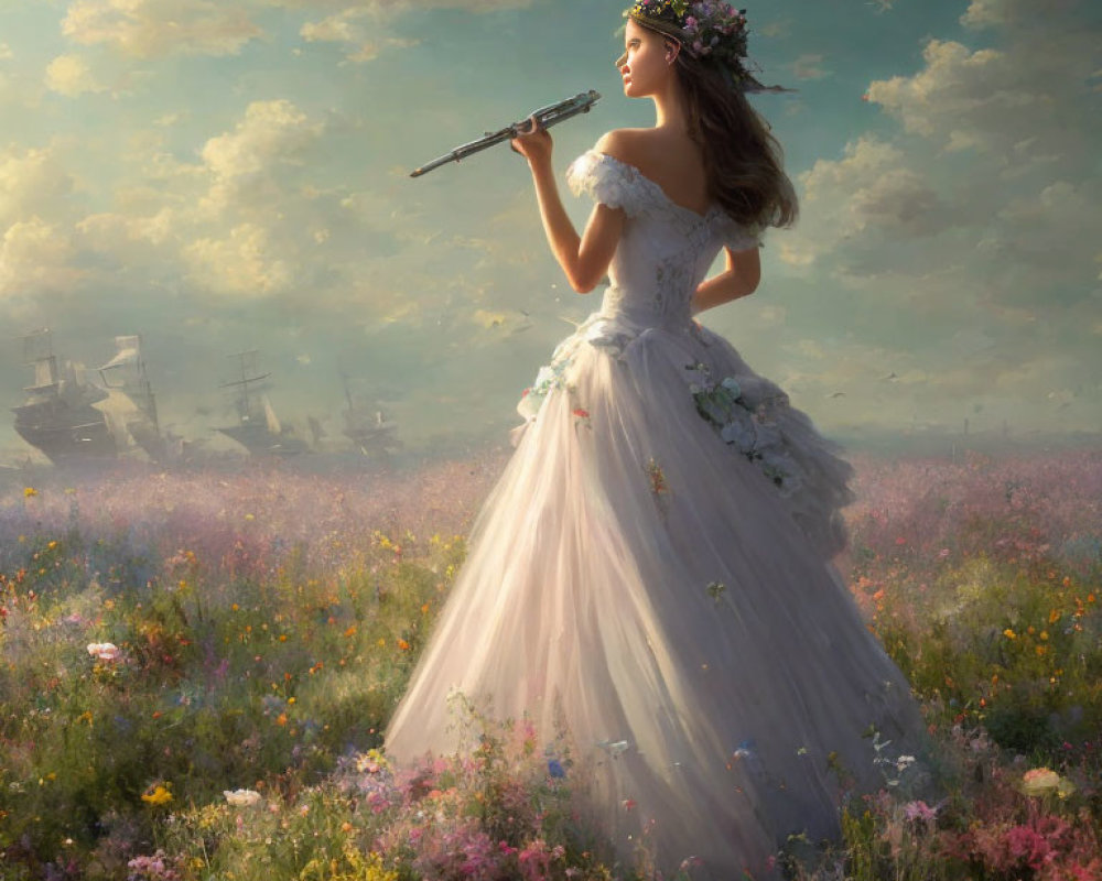 Woman in white gown with flute in sunlit field, ships in mist