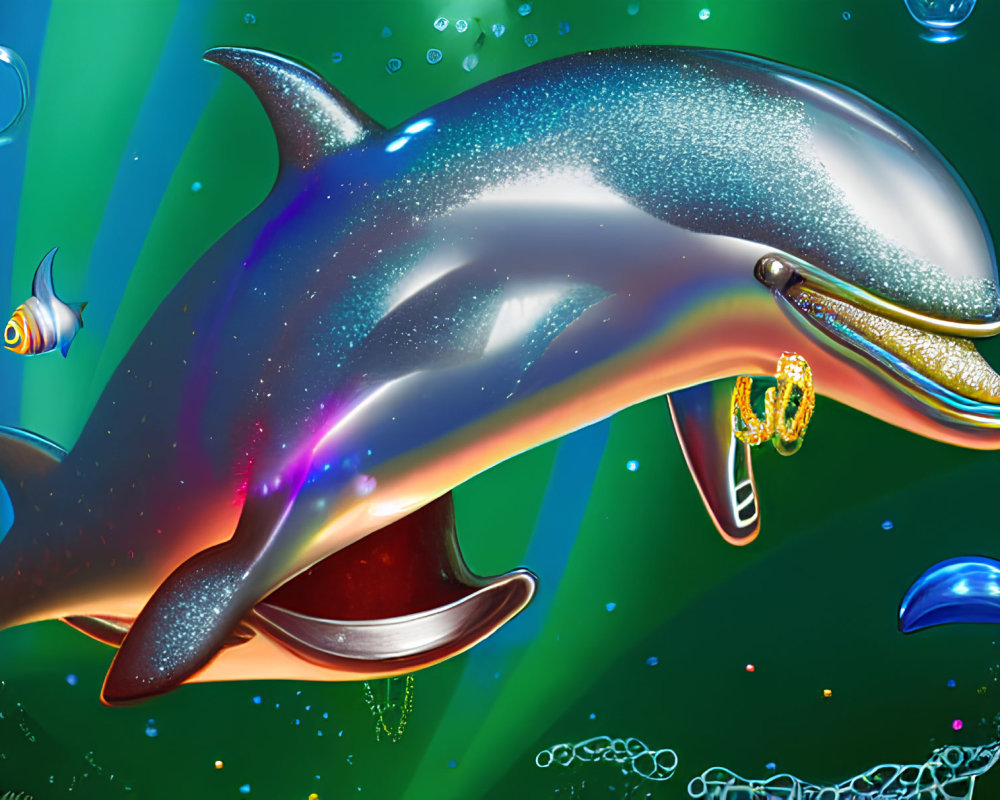 Colorful digital artwork: Glittering dolphin with gold jewelry in underwater scene