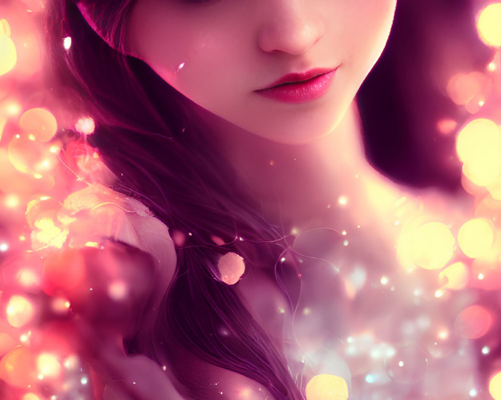 Digital artwork featuring woman with deep purple eyes in magical setting