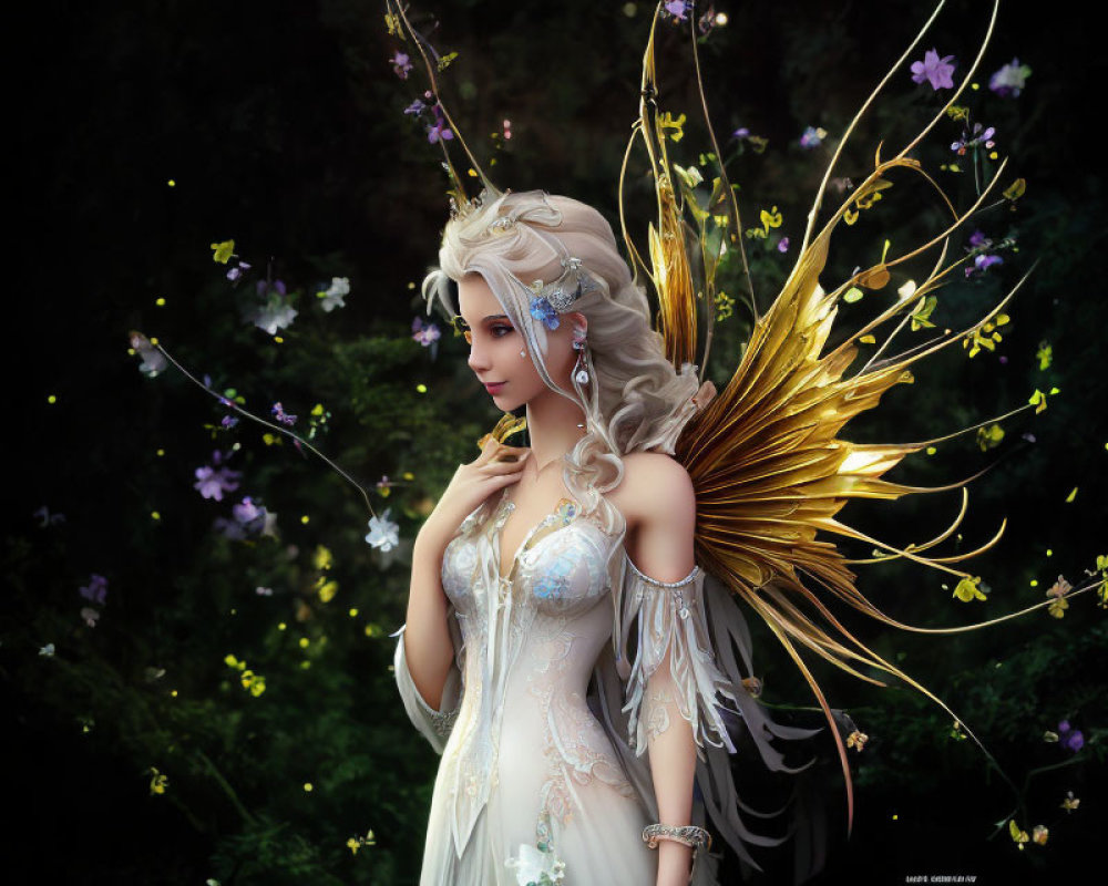 Fantasy female character with golden wings in white gown & floral backdrop