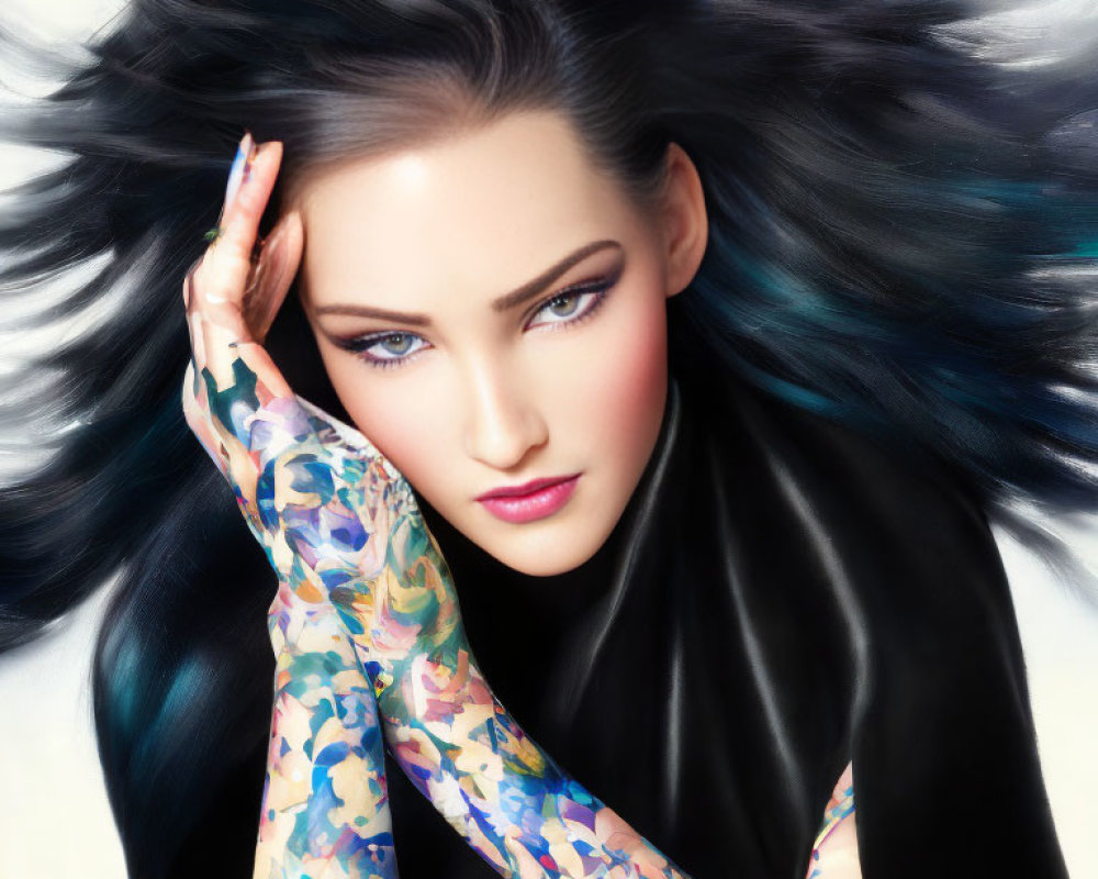 Woman with Striking Blue Eyes and Long Black Hair in Patterned Sleeve Pose