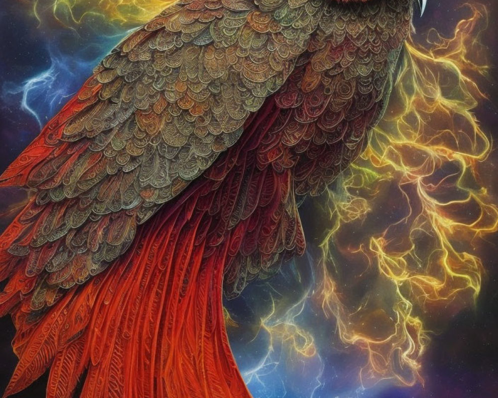 Detailed Owl Illustration with Red and Grey Feathers on Cosmic Background