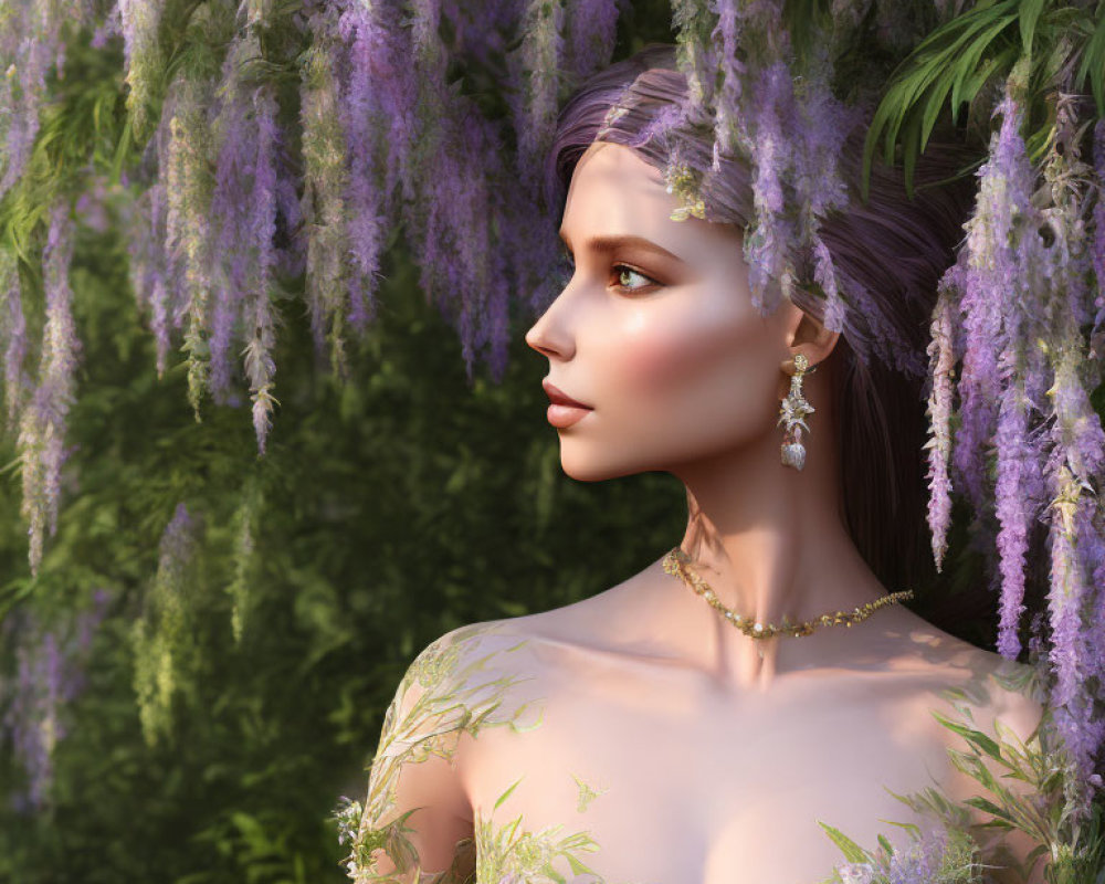 Fair-skinned woman with light hair surrounded by purple wisteria and floral jewelry