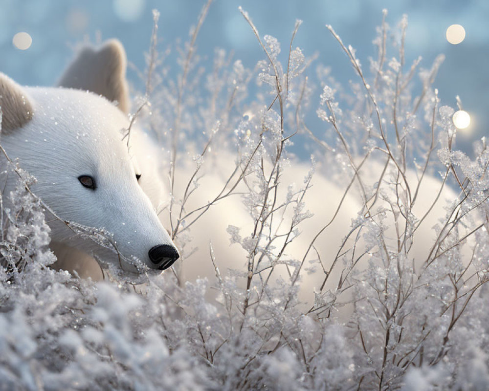 Polar Bear Among Frost-Covered Vegetation and Soft Lights