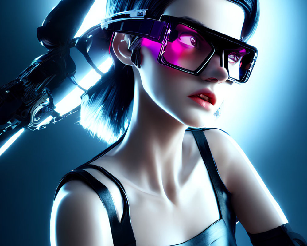 Futuristic female character with pink glasses and cyborg arm in black outfit