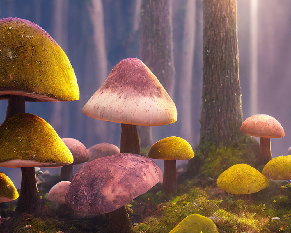 Colorful Mushrooms with Yellow Caps in Forest Setting