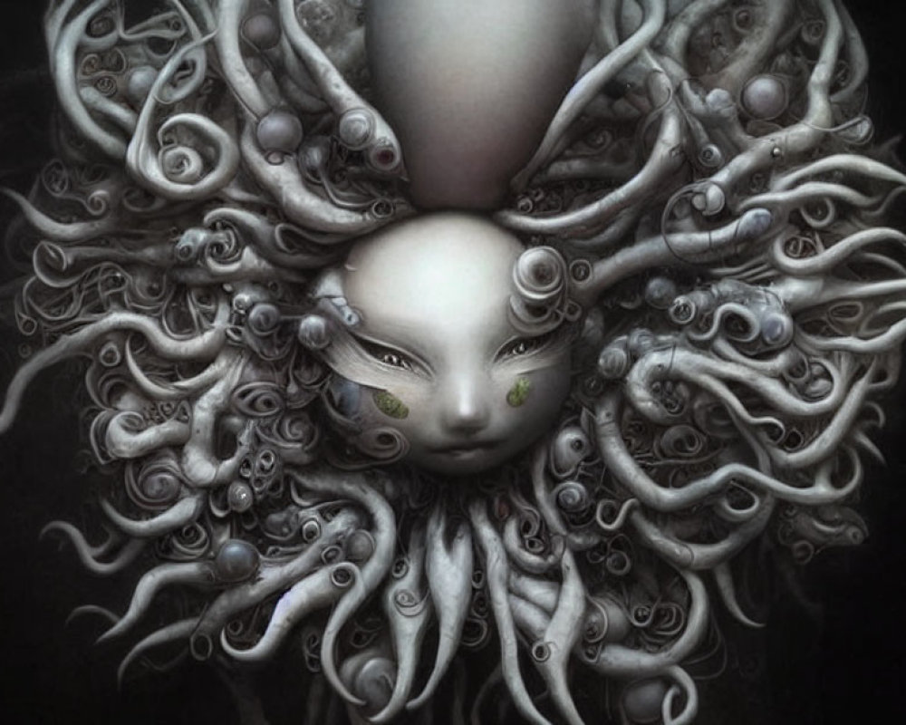 Fantasy artwork: Mystical being with green eyes and white skin surrounded by swirling tentacles