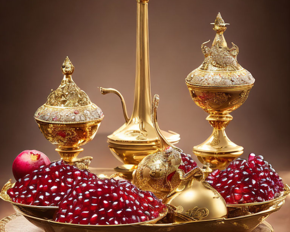 Golden Tableware Set with Pomegranate Seeds on Warm Brown Background