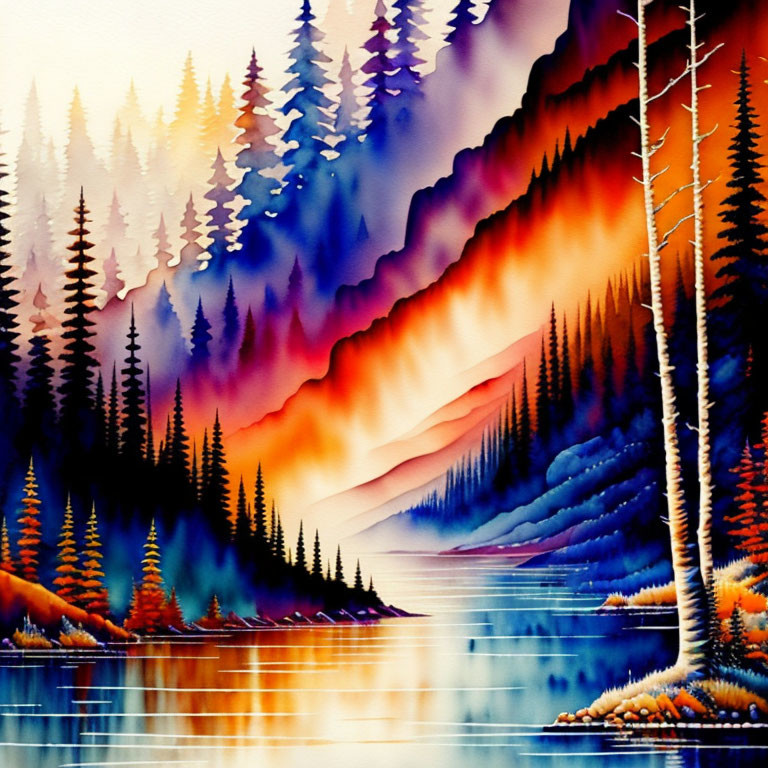 Serene Lake Watercolor Illustration with Forests and Mountains