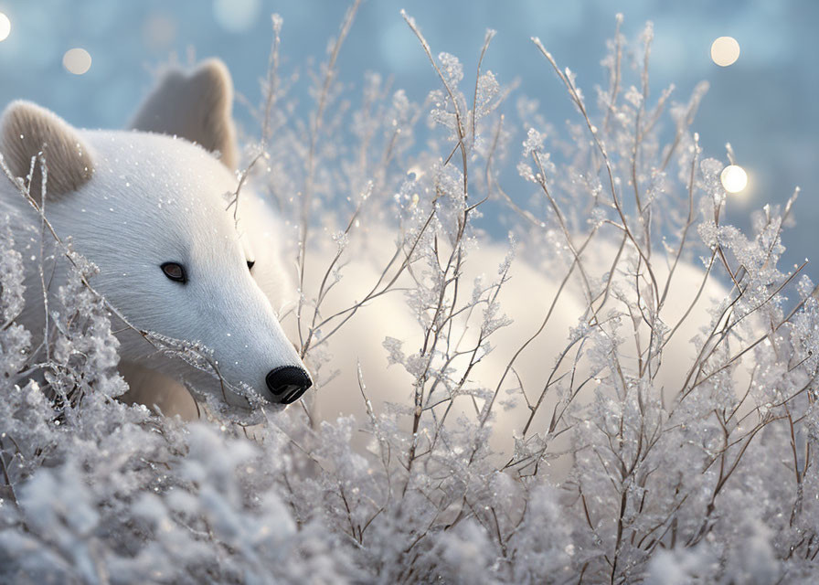 Polar Bear Among Frost-Covered Vegetation and Soft Lights