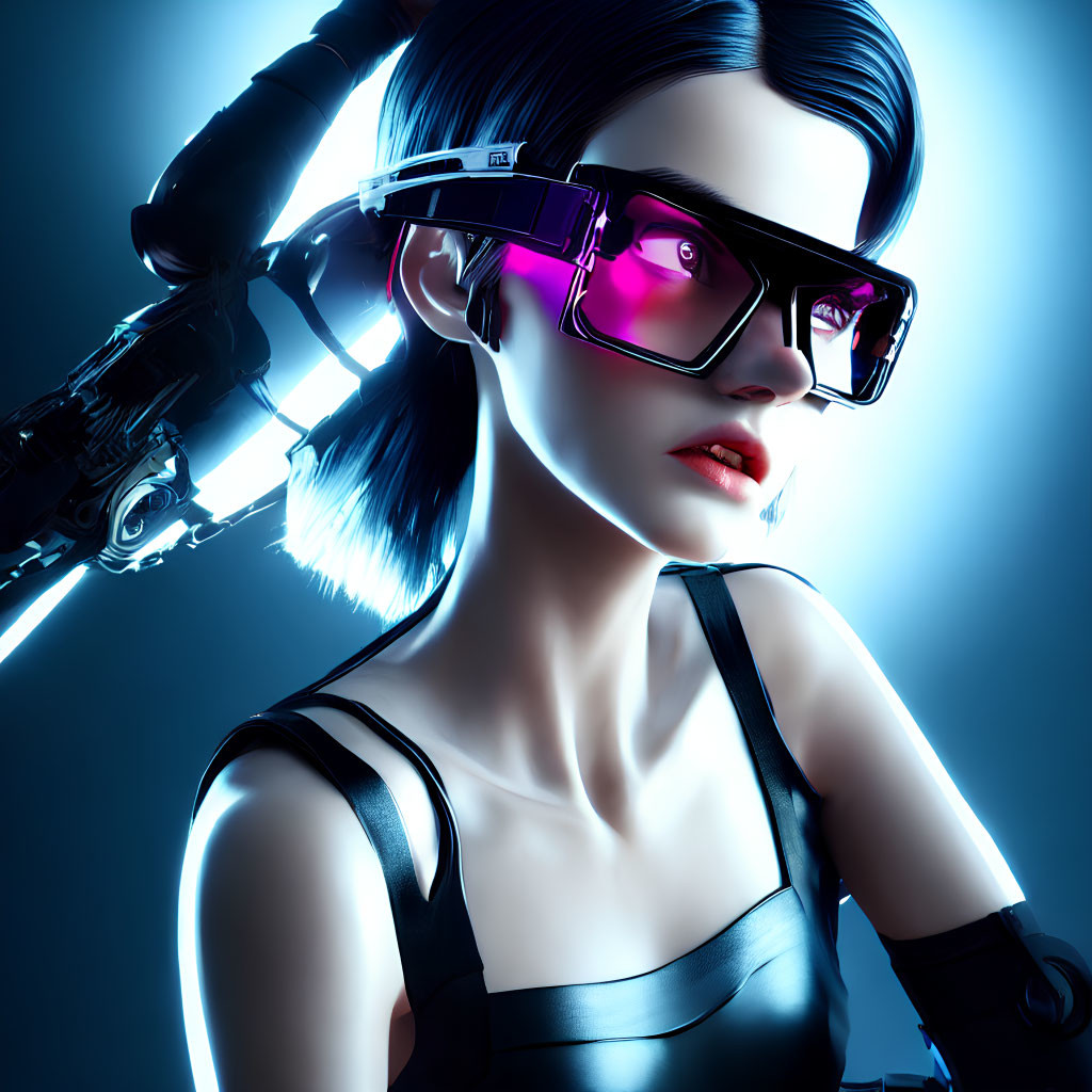 Futuristic female character with pink glasses and cyborg arm in black outfit