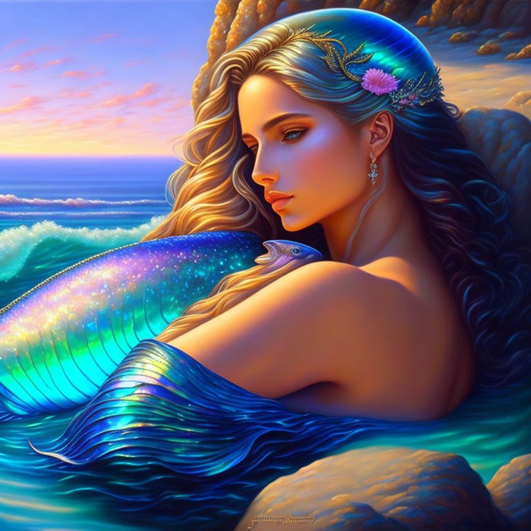 Mermaid illustration with glowing tail and sea flower-adorned hair