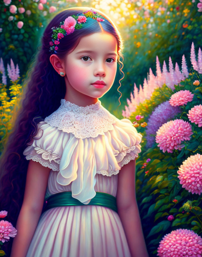 Young girl with floral headband in vintage attire among colorful garden flowers