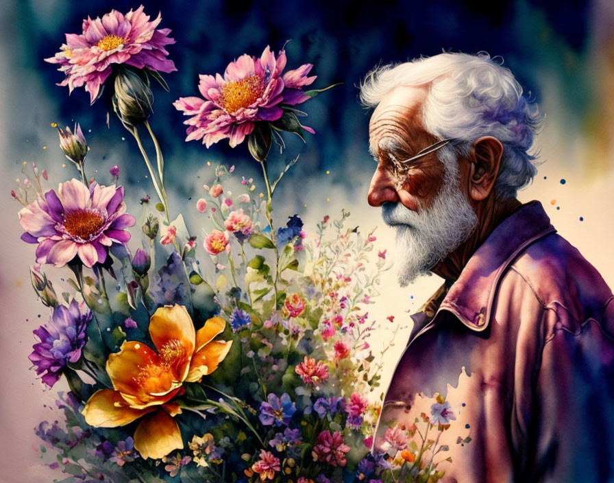 Elderly man with white beard and flowers in profile portrait