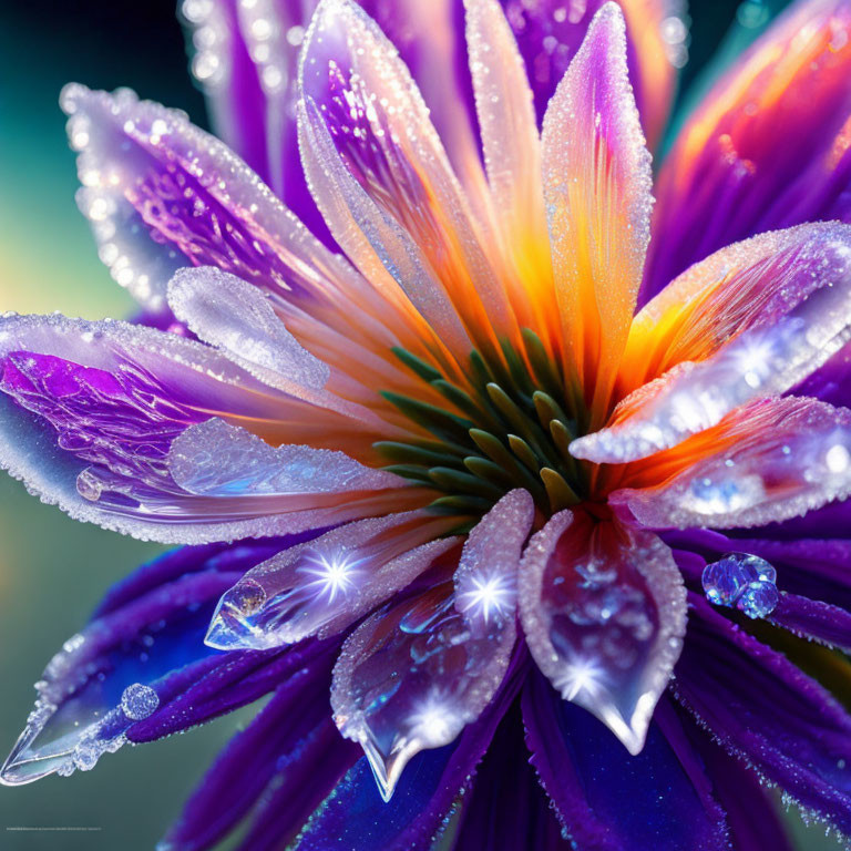 Colorful Close-Up of Purple and Orange Flower with Water Droplets