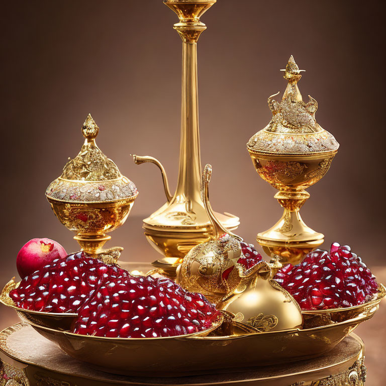 Golden Tableware Set with Pomegranate Seeds on Warm Brown Background