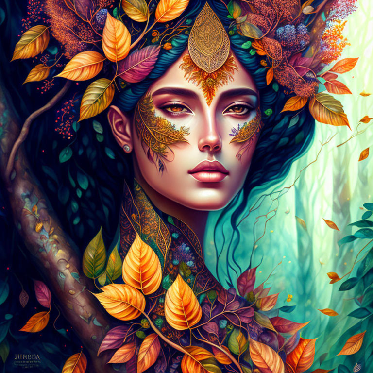 Portrait of Woman with Teal Hair and Autumn Leaves in Gold and Branches