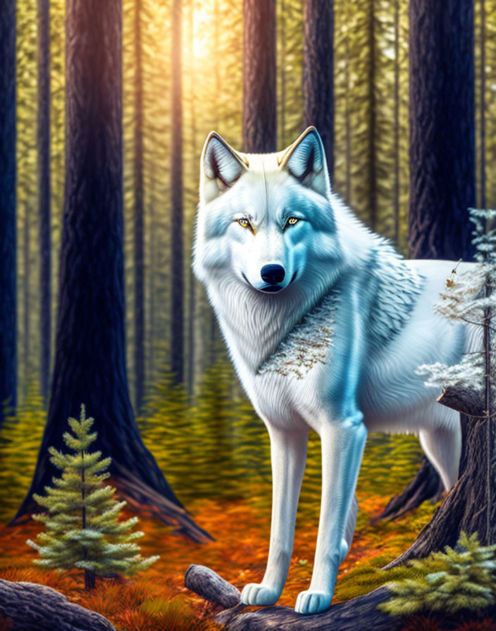 White Wolf in Sunlit Forest with Tall Trees and Saplings