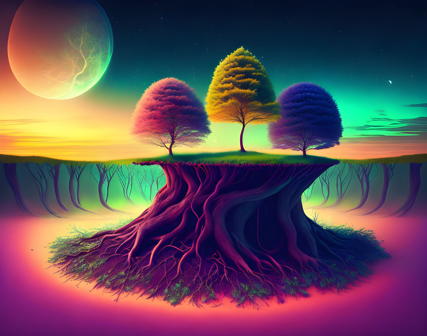 Colorful digital artwork: Three trees on floating island at sunset