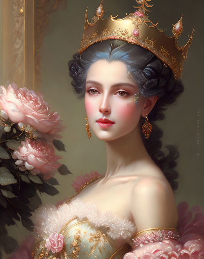 Portrait of woman with crown and gold jewelry near pink flowers