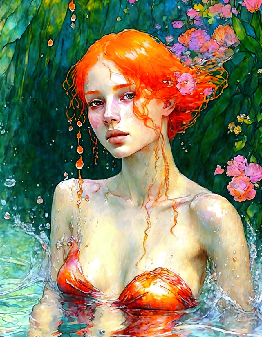 Red-haired woman emerging from water with flowers in vibrant painting