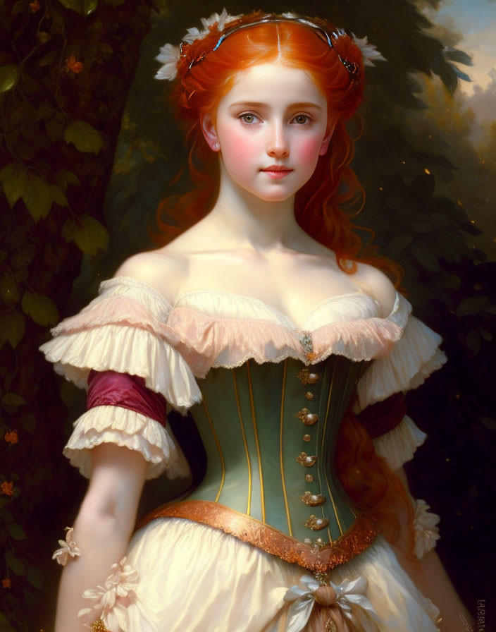 Red-haired woman in elegant corset dress with off-the-shoulder sleeves and floral hair accessories