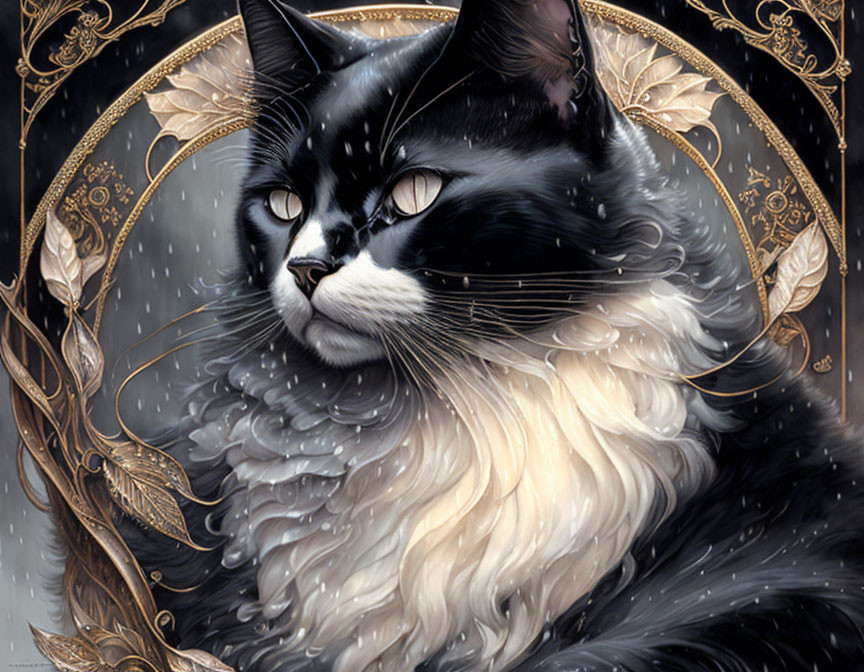 Intricate Golden Designs on Black and White Cat Illustration