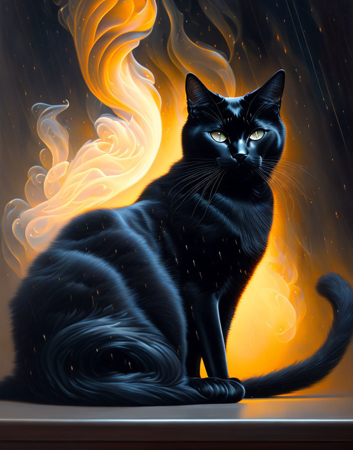 Black Cat with Piercing Eyes Against Fiery Orange Swirls