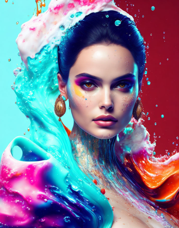 Colorful Makeup Art Against Dual Background in Dynamic Image