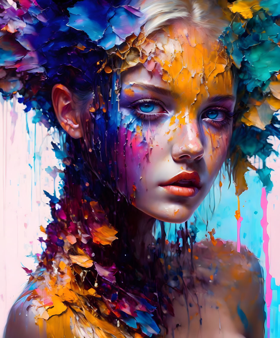 Colorful portrait of woman with flowing paint and floral elements