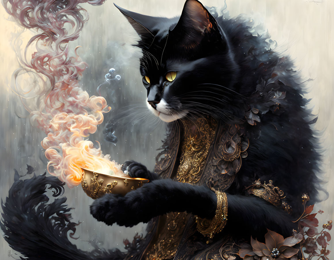 Black cat with golden eyes in regal attire holding ornate flaming object