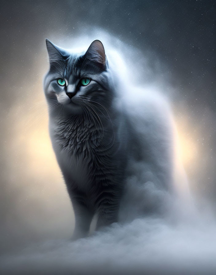 Majestic gray cat with green eyes in mystical star-filled mist