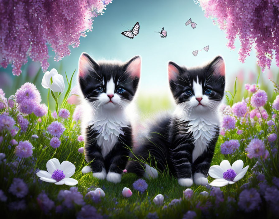 Fluffy black and white kittens in colorful garden with blossoms and butterflies