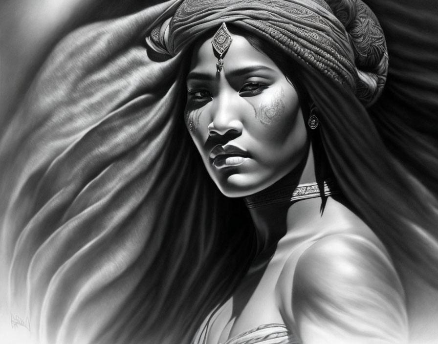 Monochrome illustration of woman with turban and intricate facial markings