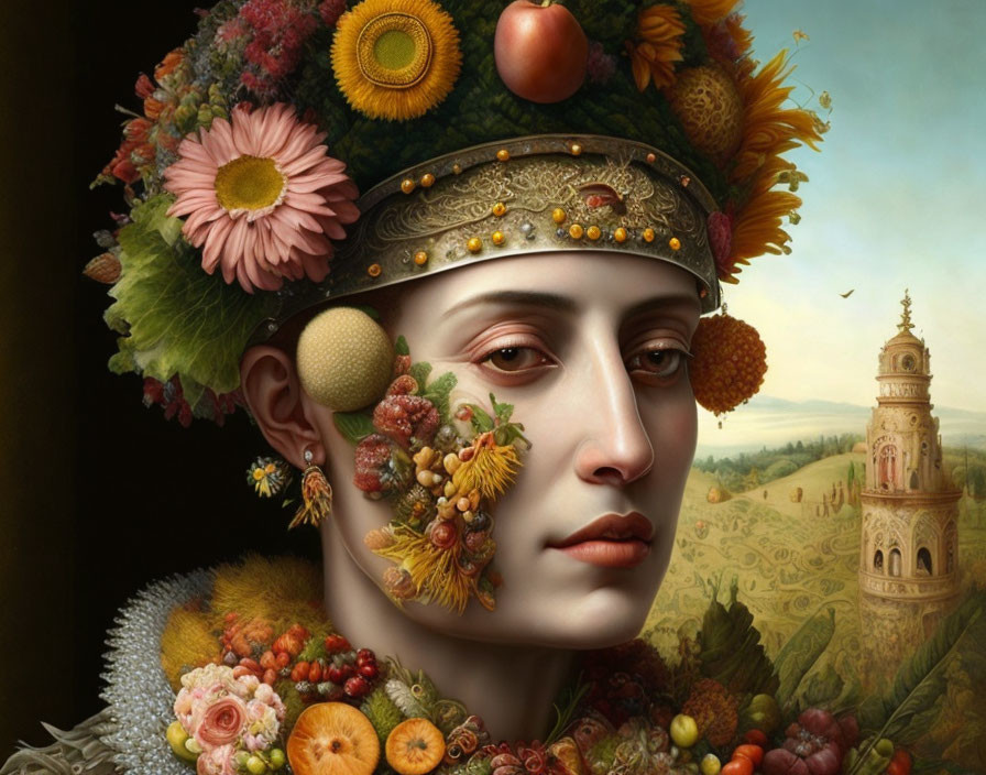 Person with floral and fruity headdress in surreal portrait.