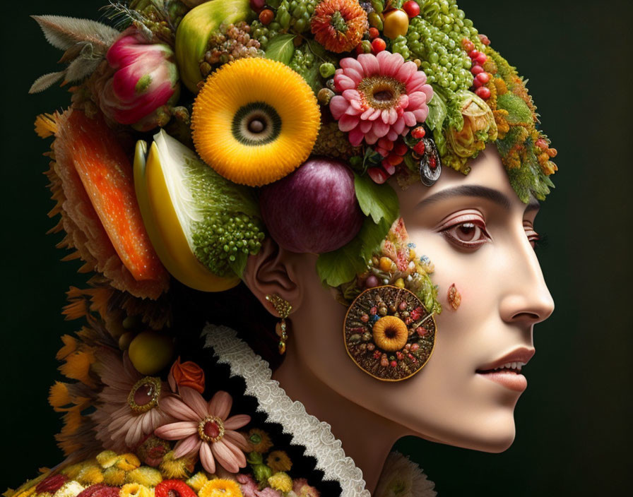 Person with Elaborate Fruit, Vegetable, and Flower Headdress