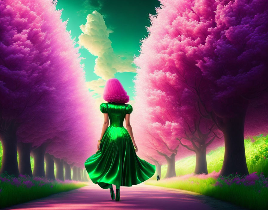 Pink-haired person in green dress walking among vibrant pink trees under surreal sky