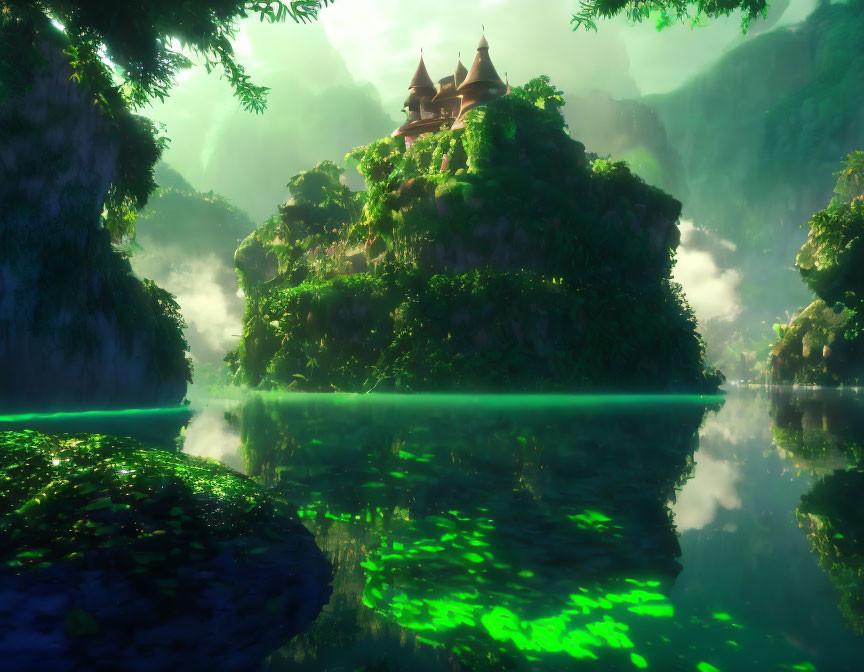 Serene lake, lush greenery, fog, castle on cliff in mystical landscape