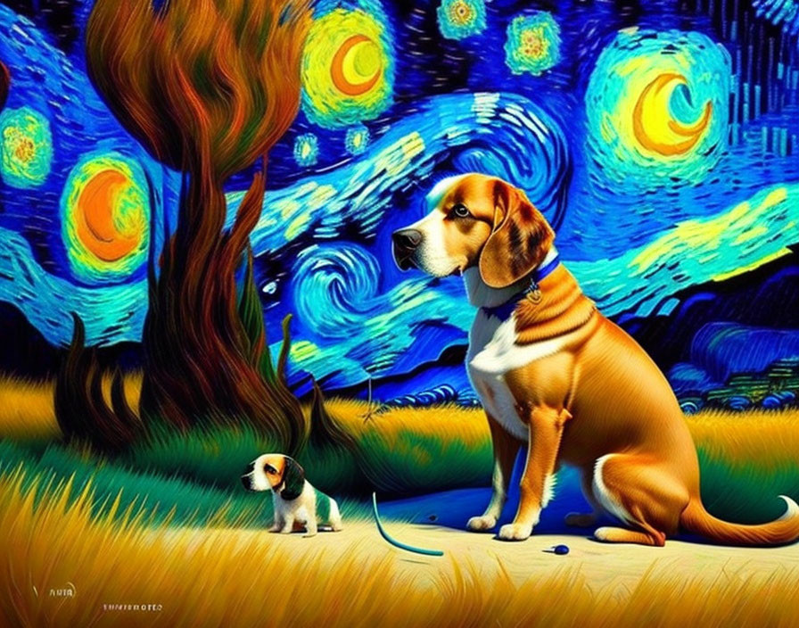 Stylized image of two dogs in Van Gogh-inspired setting