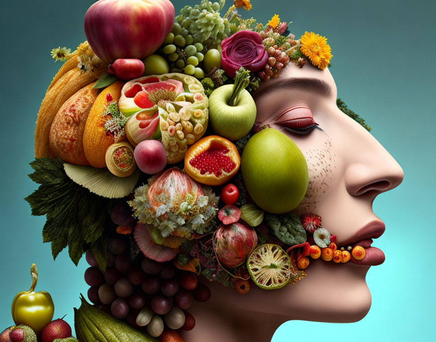 Digital artwork: Woman's profile with fruit, vegetable, and flower headdress