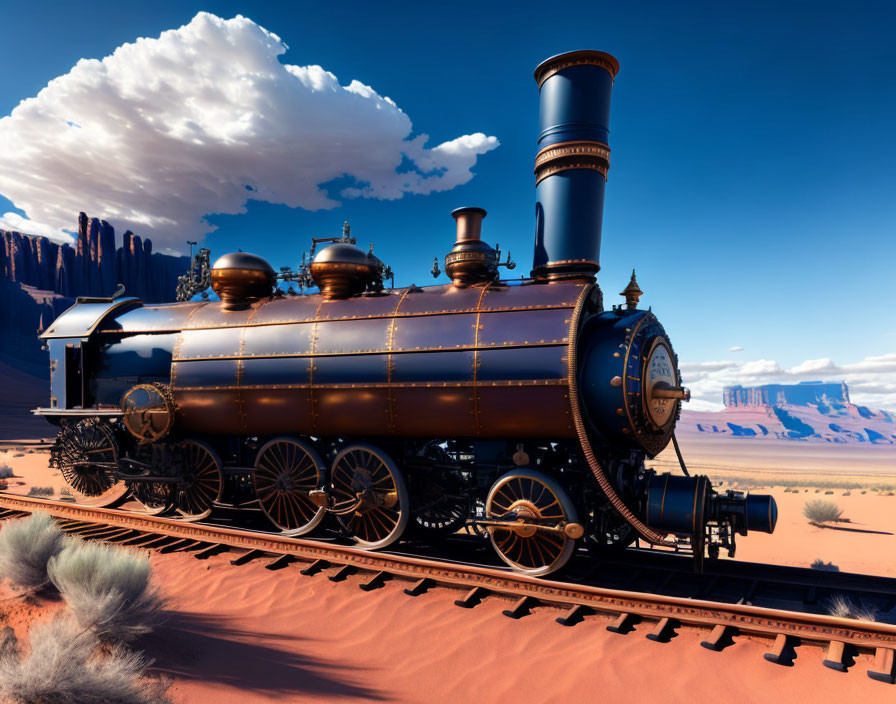 Vintage steam locomotive on desert tracks with buttes under clear sky