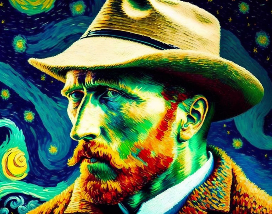 Colorful portrait of a bearded man with hat in swirling patterns.