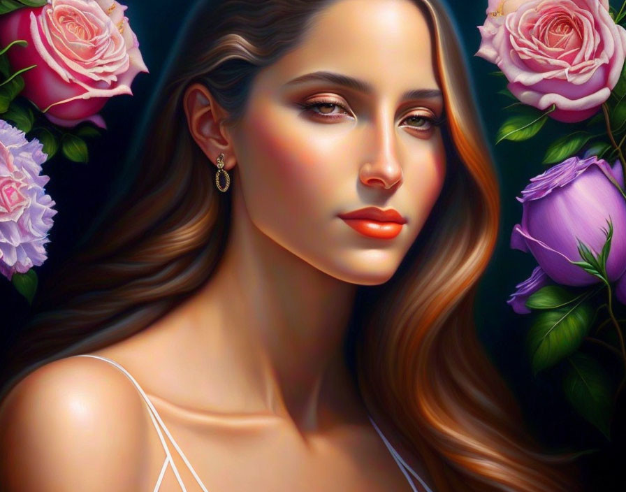 Digital painting: Woman with long hair, red lipstick, surrounded by pink & purple roses