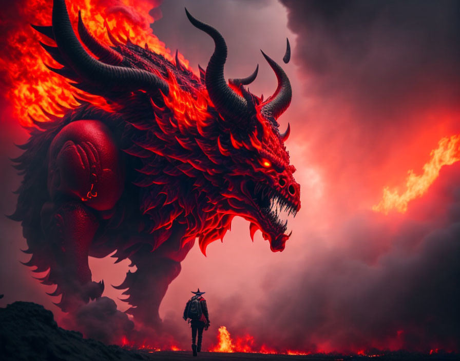 Person Confronting Menacing Dragon in Fiery Red Sky