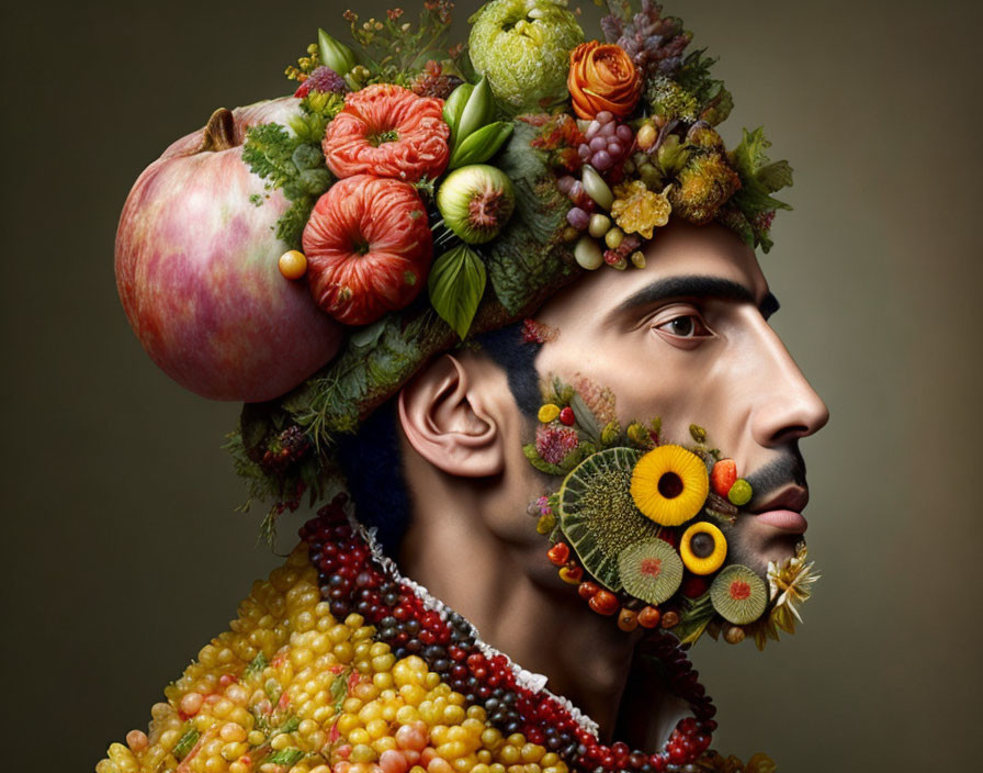 Person with Beard in Surreal Fruit, Vegetable, and Flower Headdress