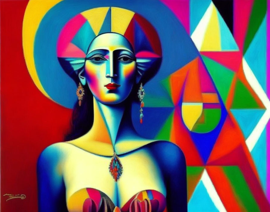 Abstract painting: Stylized woman with geometric shapes and vibrant colors