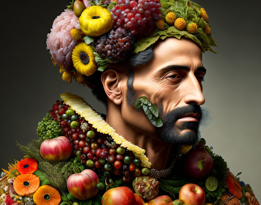 Colorful Fruit and Flower Adorned Man Portrait