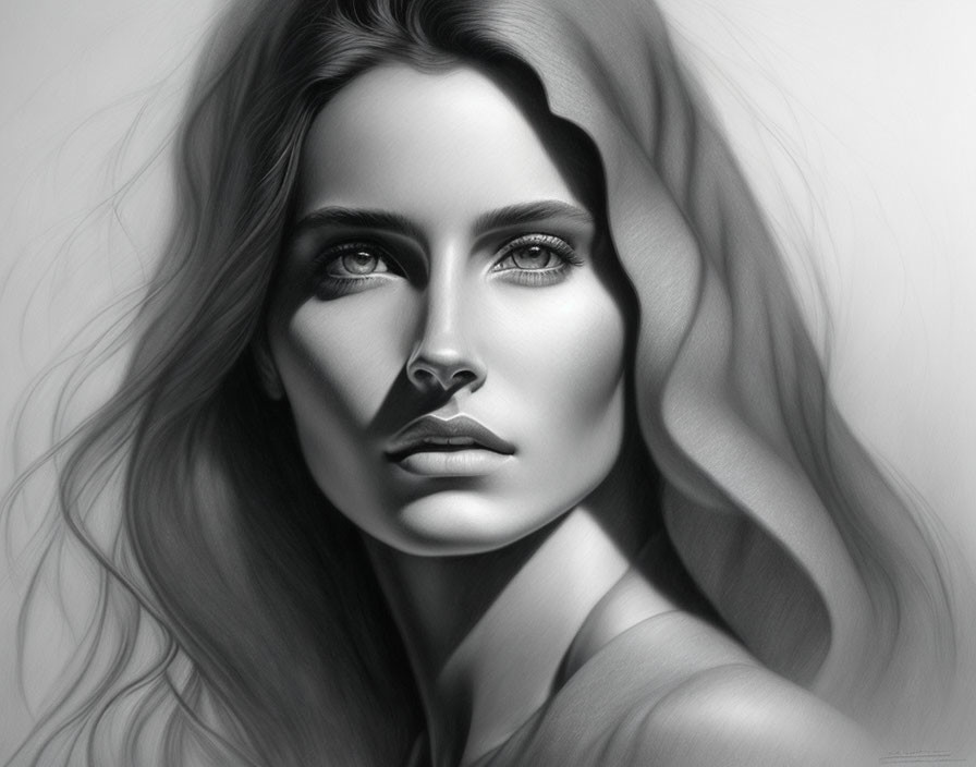 Grayscale portrait of woman with flowing hair and captivating eyes